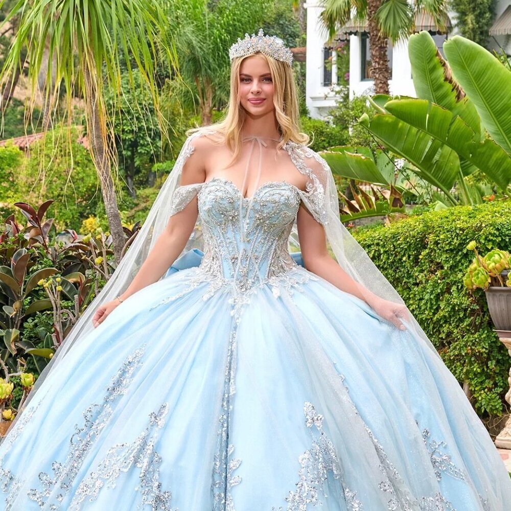 New Blue-Silver Off The Shoulder Ceremonial Dress w/ Delicate Beadwork GL3707